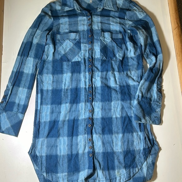 Free People Blue Button Up Long Sleeve Flannel 100% Cotton Sz XS A - Picture 1 of 4